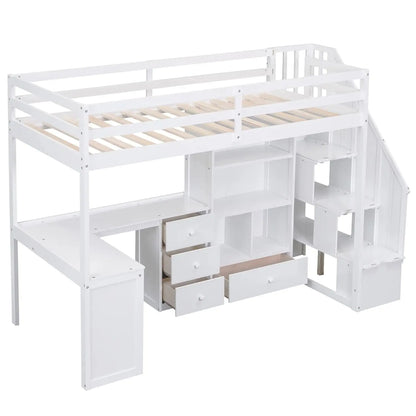 Solid Wood Loft Bed with L-Shaped Desk, Twin Loft Bed with Storage Drawers and Cabinets, White, Customized