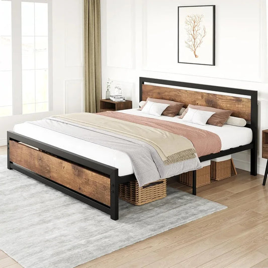 Bed Frame with Wooden Headboard and Footboard, Metal Full Bed Platform No Box Spring Needed, 14 inch Easy to Assemble Noise