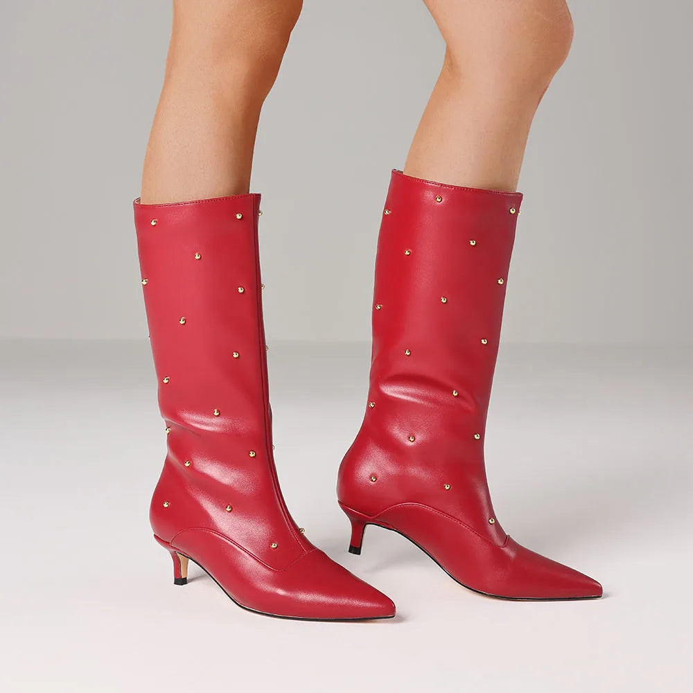 Fashion Women Mid Calf Boots Point Toe Kitten Med Heels Rivet Metal Decor Women's Wide Calf Boots Trend 2025 Designer Ins Hot Sh