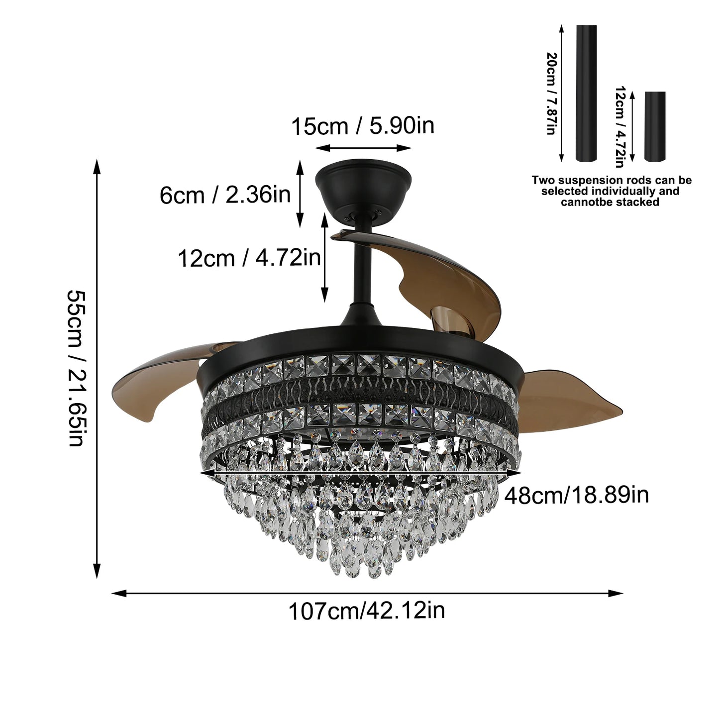 VETRULUS Modern Smart Ceiling Fan Chandelier Gold RC Adjustable 6 Speed Pendant Light Luminaire Bedroom 3 Heads Led Fandelier