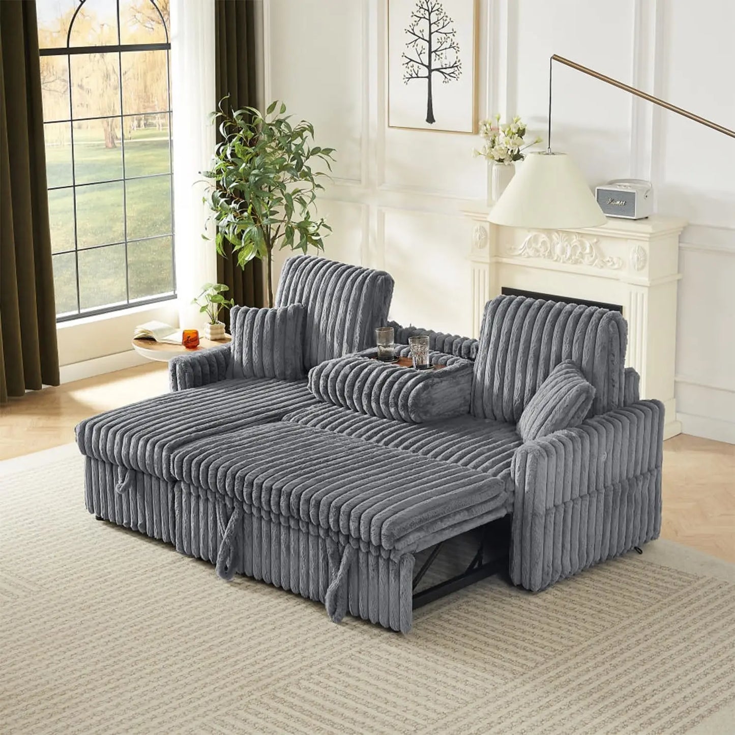 Sleeper Sofa Bed, 81” Pull Out Couch for Living Room with Reversible Storage Chaise, 3 in 1 L-Shaped Couch with Charging Station