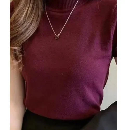 Korean Style Half Polo/turtle Neck Short Sleeves Knitted Top Women's Summer New Elegant Base Layer Top Slimming Cropped T-shirt