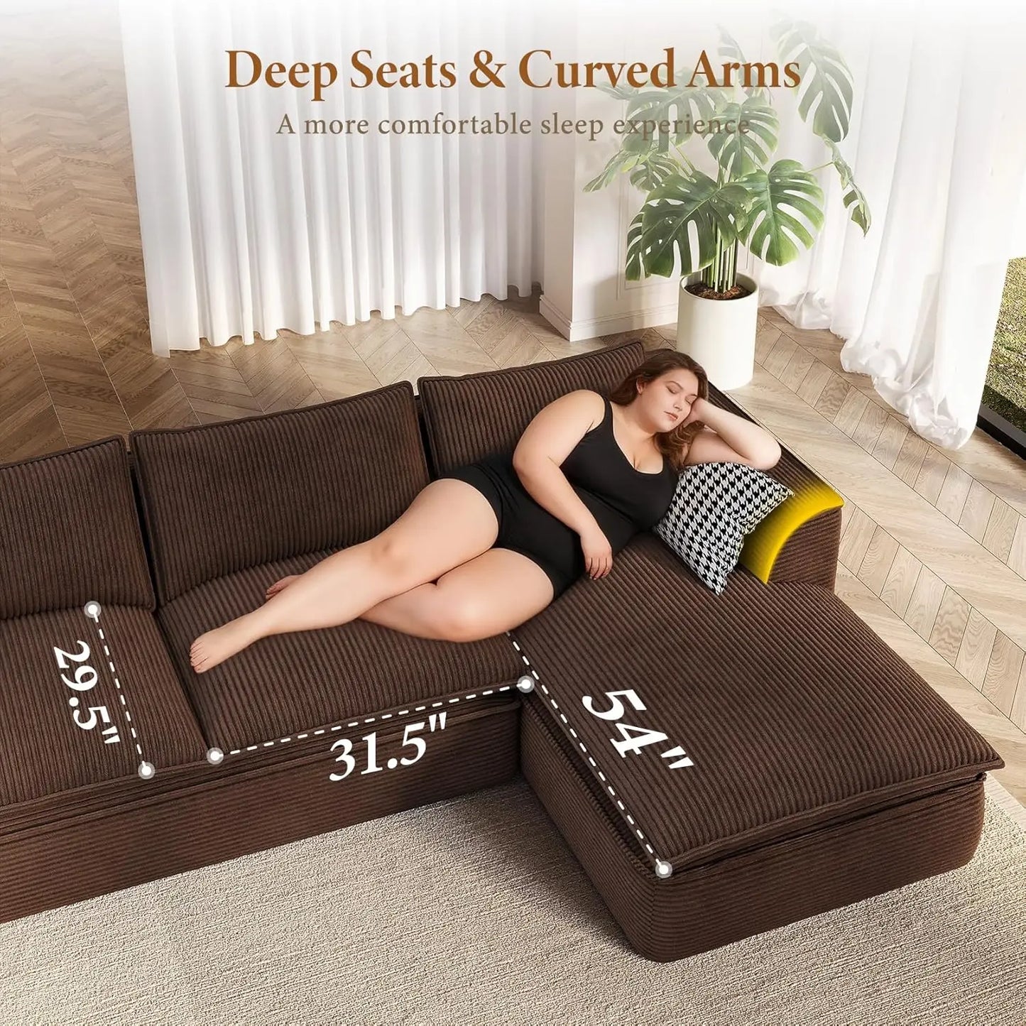 141.7" Oversized Boneless Sectional Couch, Modern 7 Seater Modular Sofa with Chaise & Ottoman, Deep Seat Corduroy, Customized