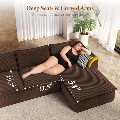 141.7" Oversized Boneless Sectional Couch, Modern 7 Seater Modular Sofa with Chaise & Ottoman, Deep Seat Corduroy, Customized
