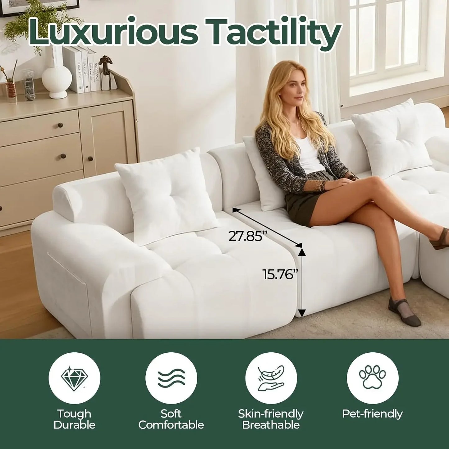 101.65” Modular Sectional Couch for Living Room, 3-Seater Cloud Sofa with Deep Seat, Woven Texture Upholstery, Customized