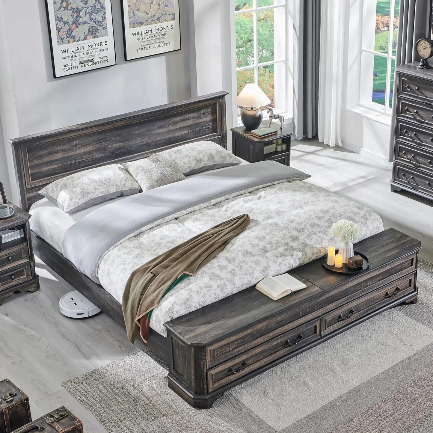 Farmhouse King Bed with Headboard and Storage Bench, Rustic Wood Platform Bed with 80" Storage Chest, Customized