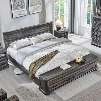 Farmhouse King Bed with Headboard and Storage Bench, Rustic Wood Platform Bed with 80" Storage Chest, Customized