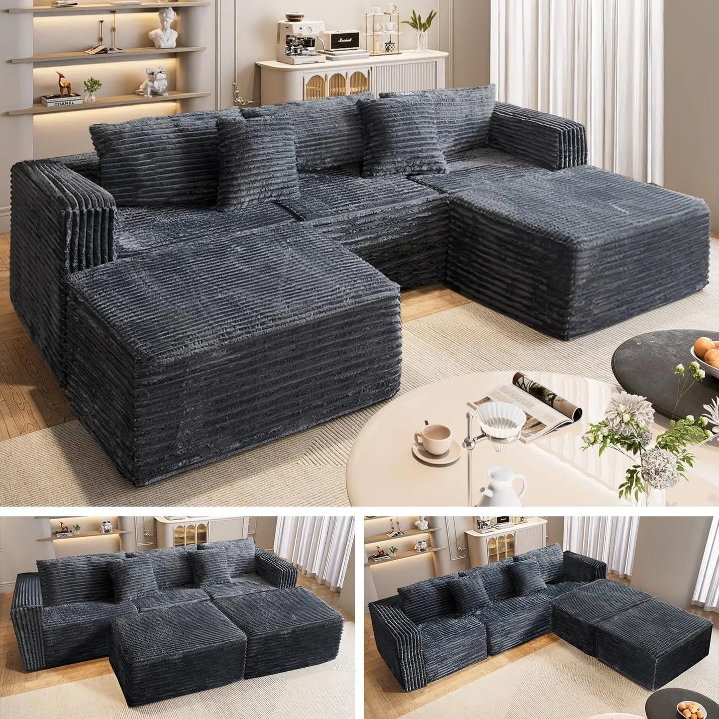 110" Modular Sectional Couch Sofa,Boneless Couches for Living Room,3-Seater Cloud Sofa with 2 Movable Ottomans U Shaped