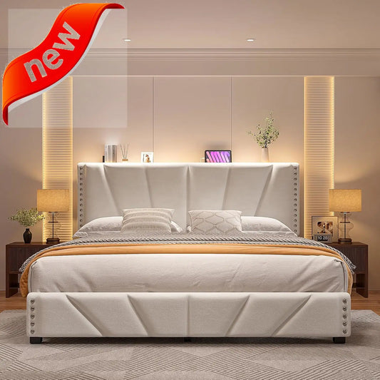 Velvet Headboard and LED Lights， Storage Headboard Platform Bed with Charging Station，King Size Bed Frame