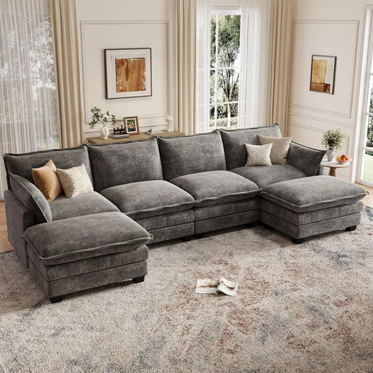 Cloud Couch Modular Sectional U Shaped Sofa with Movable Ottoman Comfy Chenille Living Room Furniture Customized