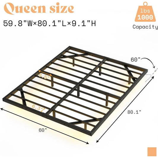 Queen Size Floating Bed Frame, Queen Bed Frame with LED Light, Heavy Duty Metal Platform Bed, No Box Spring Needed/Nois