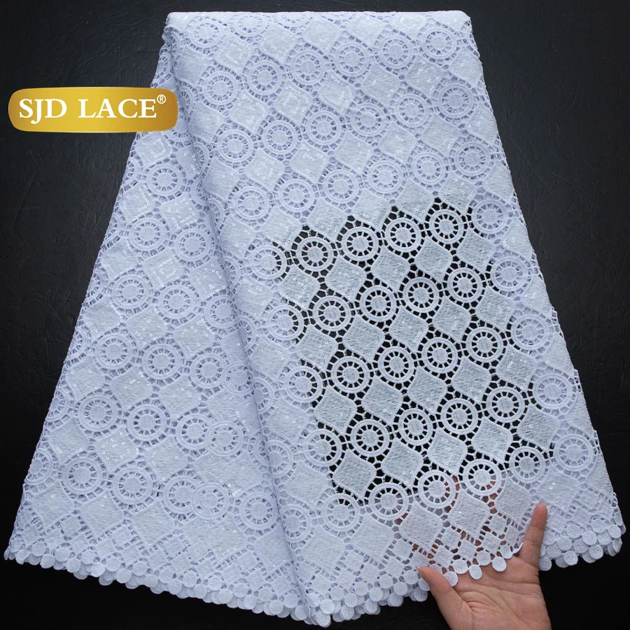SJD LACE African Sequins Guipure Cord Lace Fabrics 5 Yards White 2025 New Nigerian Water Soluble Lace For Women Dresses Sew 4197