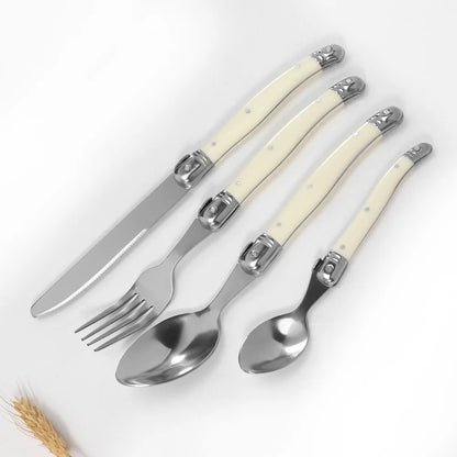 Stainless steel knife, fork, spoon set, milky white plastic handle, steak knife, steak fork spoon, steak tableware for home use