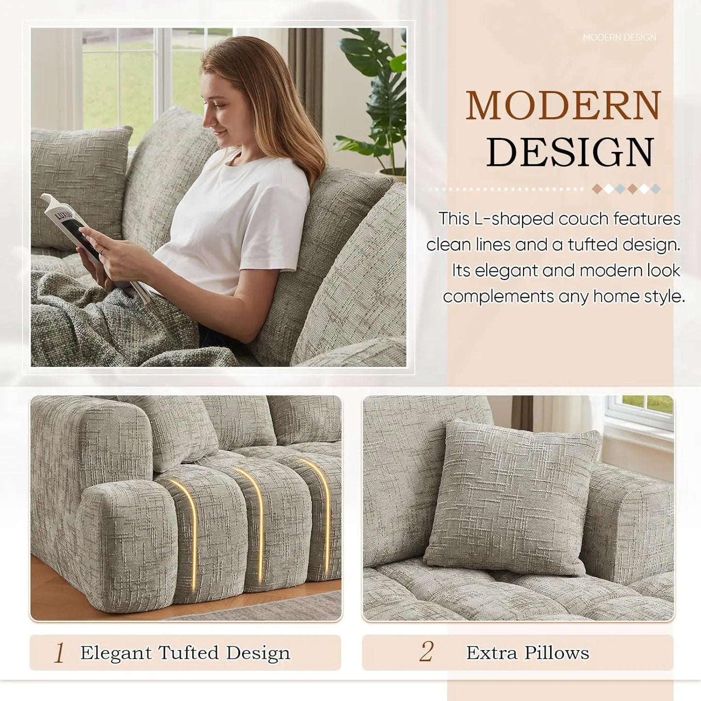 108" W Modular Sectionals Sofa,Cloud Boneless Couch with Chaise,Chenille Tufted Deep Seat L Shaped Couch,Modern Compression Foam