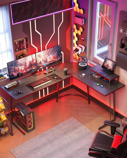 L Shaped Gaming Desk Computer Office Desk with Carbon Fiber Surface, 47 inch Corner Desk with Large Monitor Stand for Home Offic