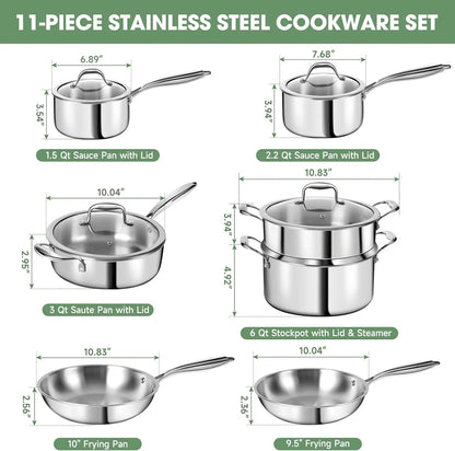 3 Ply Stainless Steel 11-Piece Cookware Set with Lids, Pots and Pans Kitchen Set, Non-Toxic, Induction, Oven, Dishwasher Safe, P
