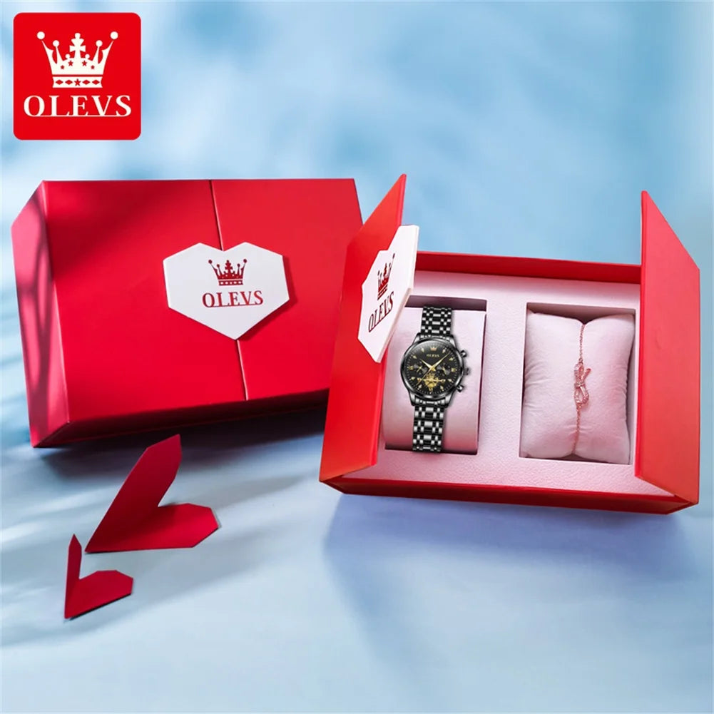 OLEVS Flywheel Skeleton Women Quartz Watch Stainless steel Chronograph Waterproof Luminous Ladies Bracelet Watch for Women Set