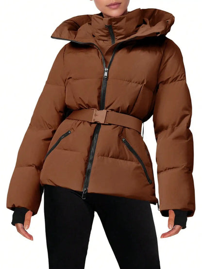 Fisoew women's Belted Puffer Jacket, Women's Waterproof Ski Coat With Hood, Quilted Winter Snowsuit Aesthetic