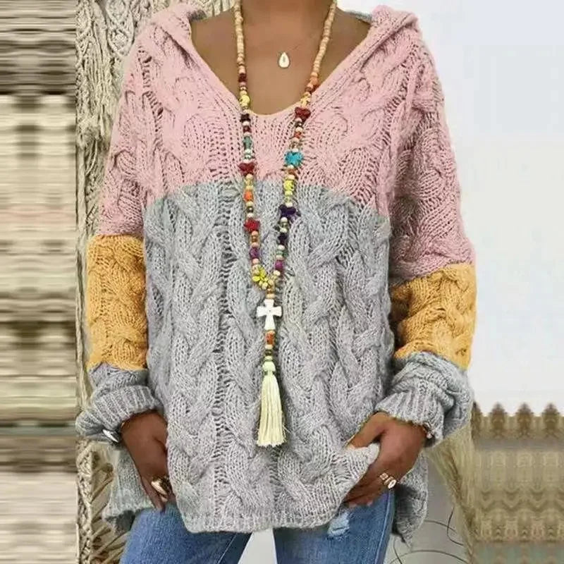 2023 Autumn/Winter New Women's Solid Color Cable Knit Sweater Hooded Pullover European and American Cross-Border Supply