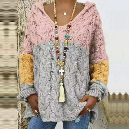 2023 Autumn/Winter New Women's Solid Color Cable Knit Sweater Hooded Pullover European and American Cross-Border Supply