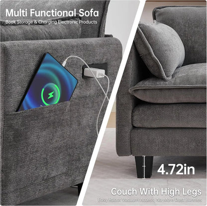 108" Modular Sectional Sofa with Ottoman, L-Shaped Cloud Couch, USB Charging Ports, Deep Seat Chenille Fabric, Dark Grey