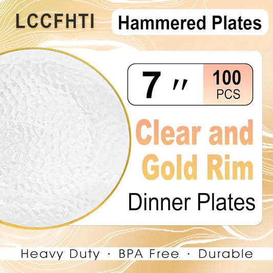 100Pcs Clear Gold Plastic Plates 7 Inch Hammered Disposable Heavy Duty Dessert Plates with Gold Rim Round Salad Plates for Wedd
