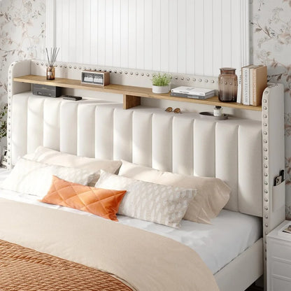 Queen Size Bed Frame, Upholstered Queen Bed Frame with 2 Storage Drawers and 2-Tier Headboard, Vertical Tufted Headboard