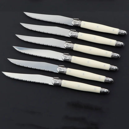 4/6/24pcs Laguiole Ivory White Silverware Stainless Steel Steak Knives Table Forks Dinner Spoons Dessert Teaspoon Xmas Cutlery