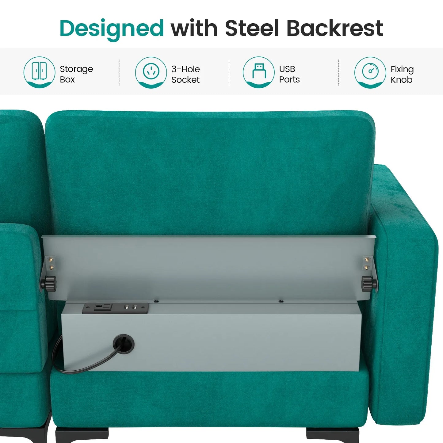3-Seat Modular Sofa Couch w/ Side Storage Pocket Peacock & Socket USB Ports Teal