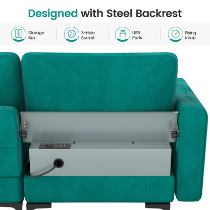 3-Seat Modular Sofa Couch w/ Side Storage Pocket Peacock & Socket USB Ports Teal