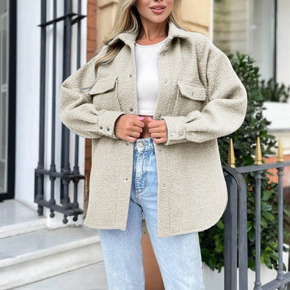 Womens Fleece Shirt Jacket Oversized Button Down Long Shacket Jacket With Pockets Zip Up Womens Solid Color Warm Sweatshirt