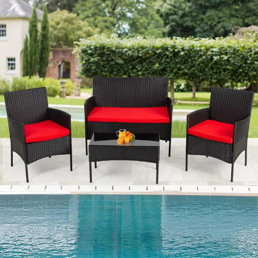 Outdoor Furniture Set 4Pc Modular Patio Furniture Set Water Resistant Conversation Set with 3 Rattan Chairs 1 Tempered Glass Top