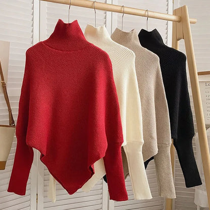 2025 Autumn Winter Women Fashion Irregular Loose Knit Sweater Vintage High Neck Long Sleeve Female Pullovers Chic Tops