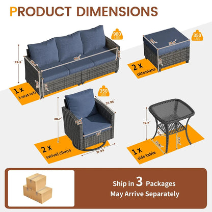 6pc Gray PE Rattan Sectional Sofa Set Swivel Chair & Side Table 4" Cushions Patio Garden, Customized