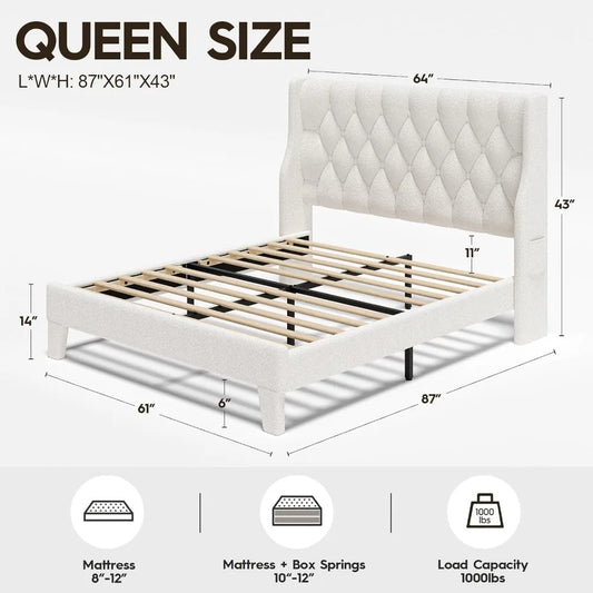 Queen Size Bed Frame White Platform Bed Frame with Type-C and USB Ports Wingback Bedframe with Headboard and Storage