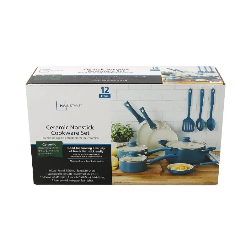 Mainstays Classic Collection 12 Piece Nonstick Aluminum Alloy Cookware Set, Blue