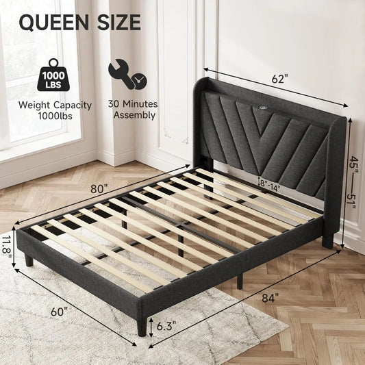 Queen Bed Frame with Headboard, Adjustable Upholstered Platform Bed Frame with Type-C&USB Ports, Wingback Storage Headboard