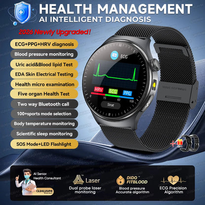 2026 New Micro Physical Examination Health SmartWatch Men ECG Uric Acid Lipids Blood Pressure BT Call Smartwatch For Android IOS