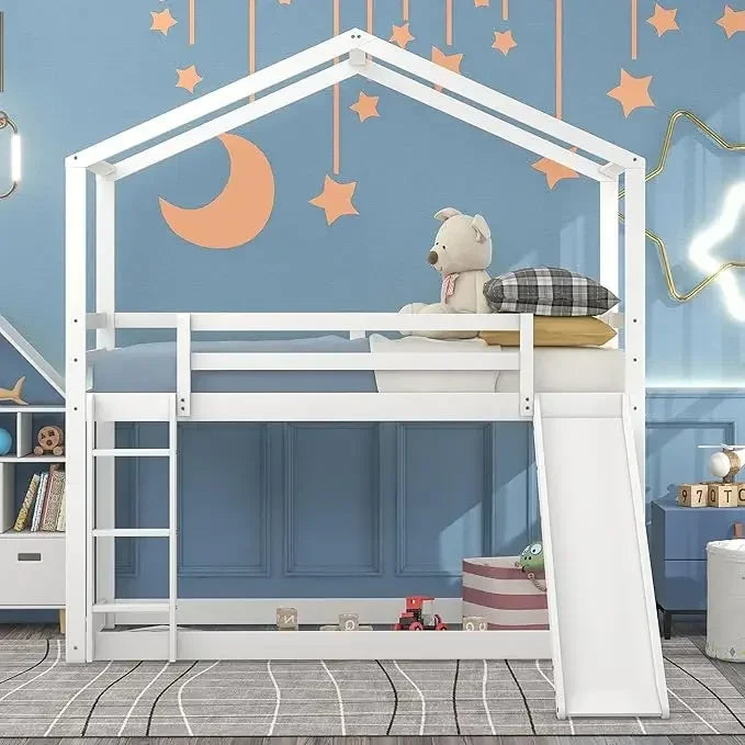 House Bunk Bed with Convertible Slide and Ladder, Floor Bunk Bed Twin Over Twin Bunk Bed with Roof and Security Guardrails