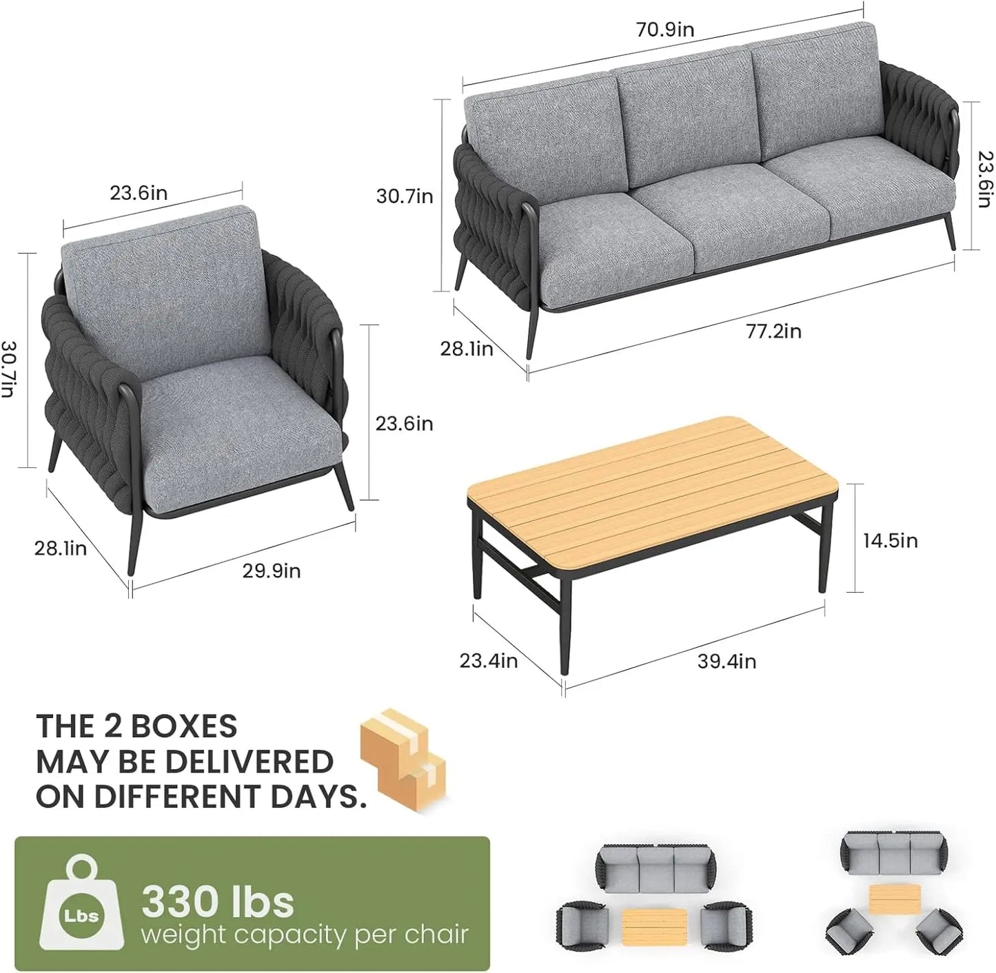 Outdoor Patio Furniture Set 6-Piece, Outdoor 5-Seat Sofa with Coffee Table, Waterproof Thick Cushion Patio Conversation Set, All