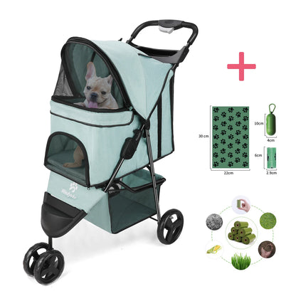 carreola para mascotas perro 3 Wheel Foldable Cat Dog Stroller with Storage Basket, Handle 360° Pet Dog Stroller