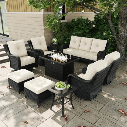 10 Pieces Outdoor Patio Furniture Sets with Rocking Swivel Chairs with 6-inch Thick Cushion and Fire Pit Table for, Customized