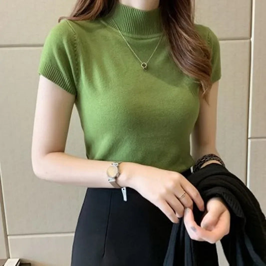 Korean Style Half Polo/turtle Neck Short Sleeves Knitted Top Women's Summer New Elegant Base Layer Top Slimming Cropped T-shirt