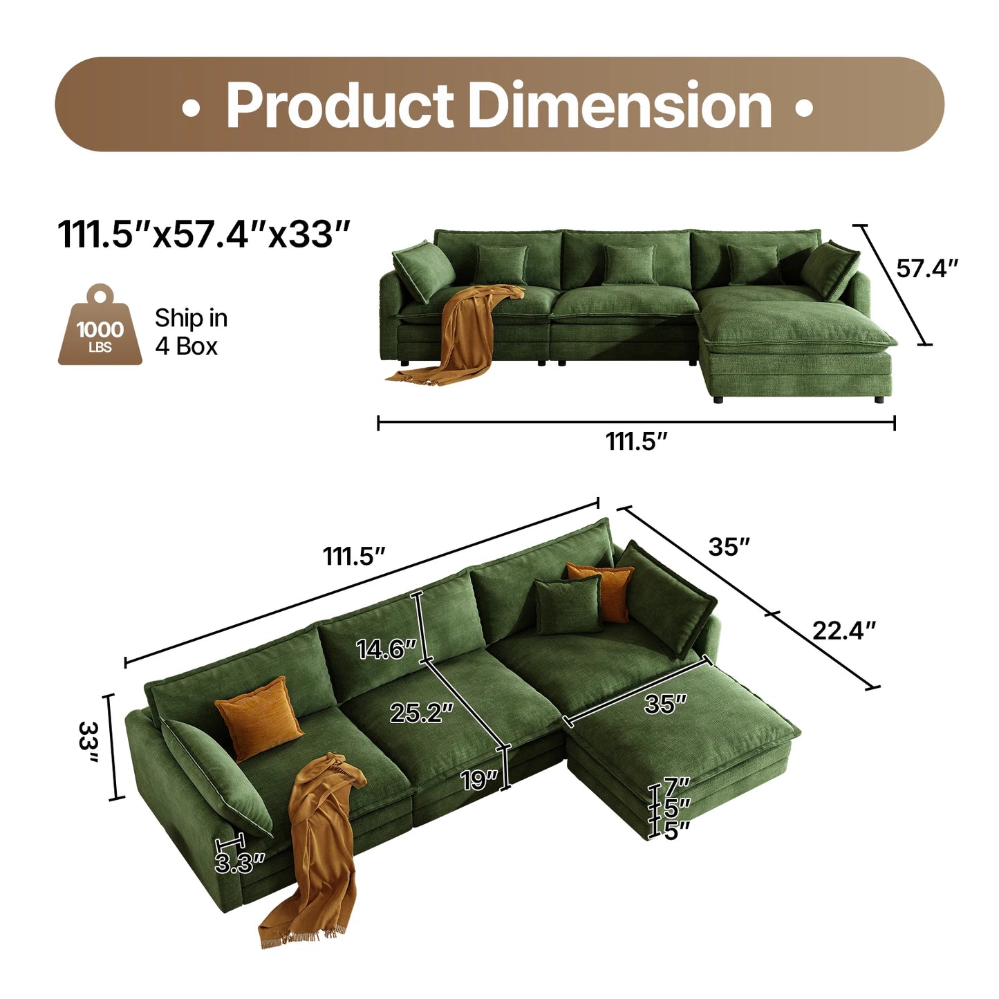 111.5" L Shaped Modern Sofa Modular Sectional Cloud Couch with Ottoman, 4-Seat Chenille Deep Seat Sofa with Pillow for Living Ro