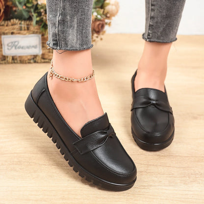 Women's Bow Detail Leather Flat Shoes - Slip On Casual Loafers with Non-Slip Sole