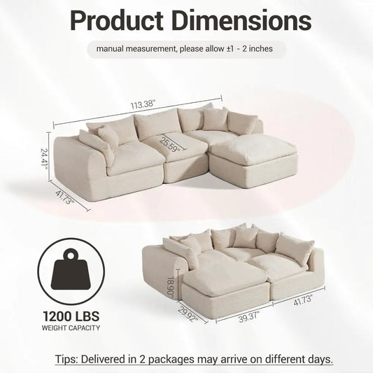 113" Cloud Modular Sectional Sofa - Comfy L-Shape Boneless Couch w/Ottoman & Deep Fluffy Seat, No Assembly Required,Customized