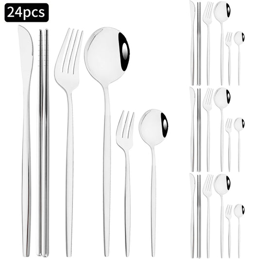 24pcs Silver Stainless Steel Cutlery Set Mirror Dinnerware Set Fork Knife Spoon Chopsticks Tableware Teaspoon Cake Fork Flatware