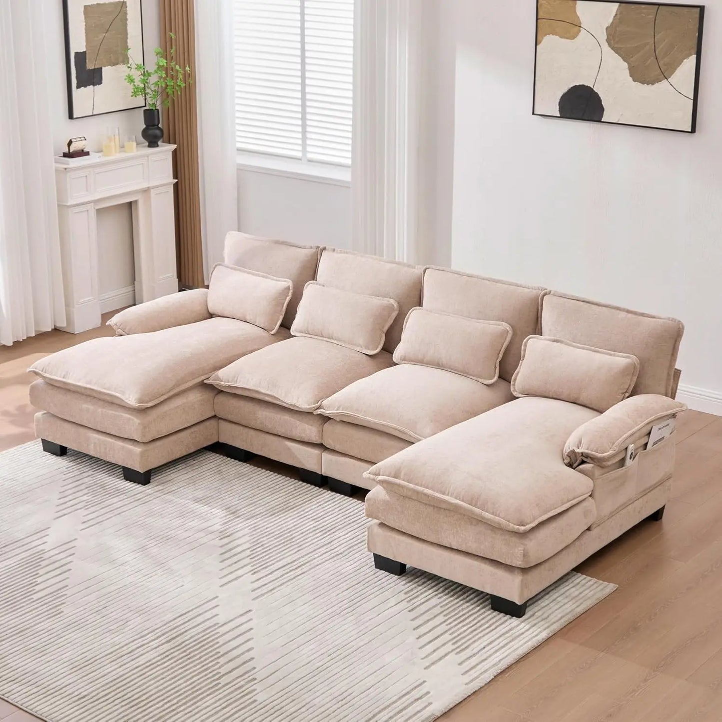 Modern U Shape Sectional Sofa Cloud Couch, 110" Upholstery Chenille Fabric Modular Couch, Comfy 4 Seat Sleeper Sofa With Double