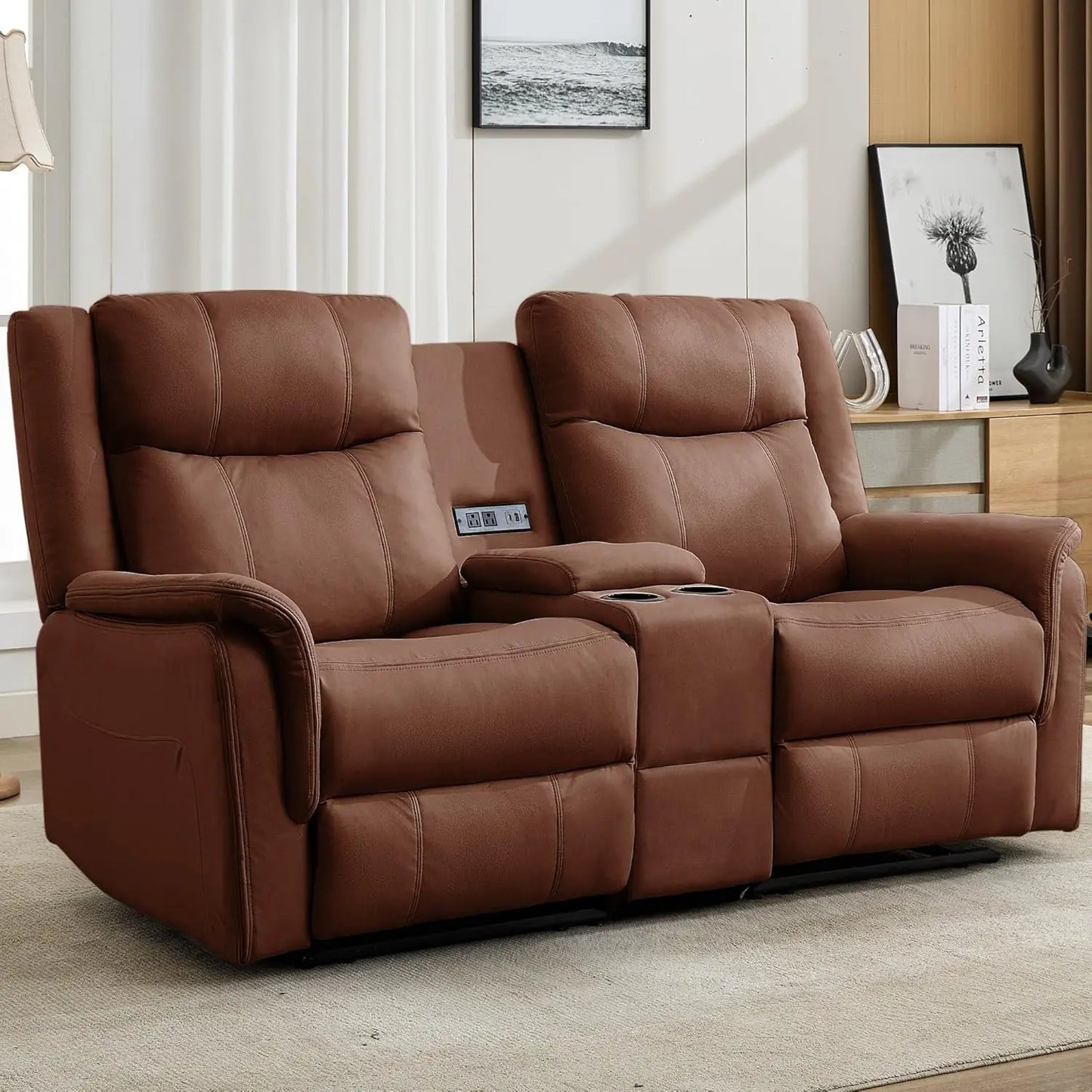Loveseat Recliner Sofa, Reclining Loveseat Couch, Reclining Couch with Console, USB Port, US Outlets, and Cup, Customized