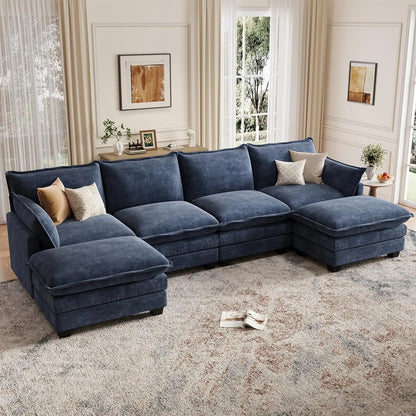 Modular Sectional U Shaped Sofa Couches for Living Room, Cloud Couch with Movable Ottoman, Comfy Chenille Sofa , Customized